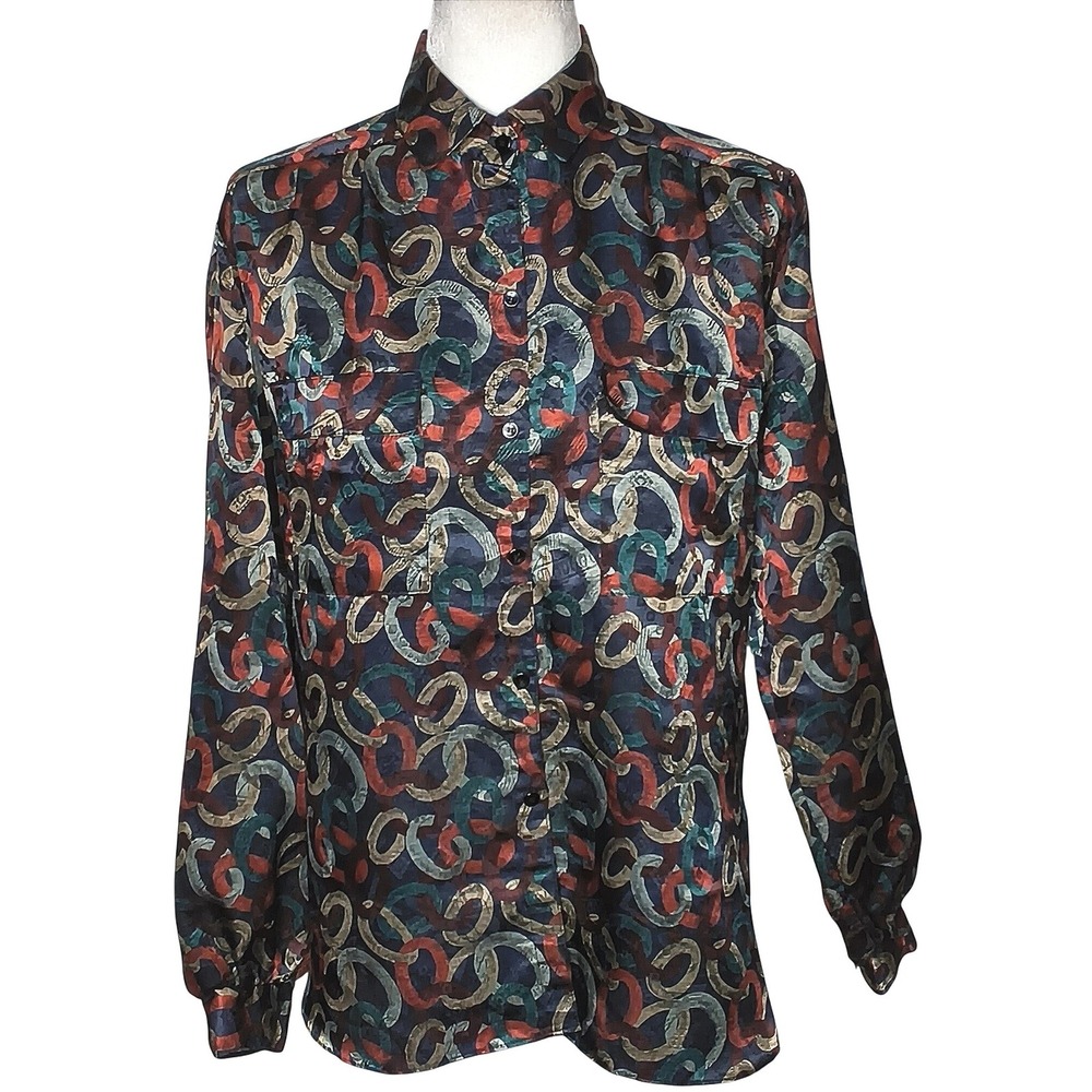 Vintage All Hours Chain Link Blouse Women Small Multicolor Long Sleeve Button Up